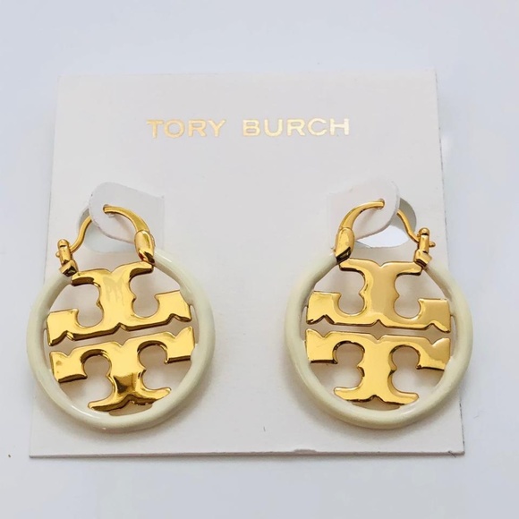 NWT Tory Burch Small Ivory Miller Hoop Earrings Rtl $125 - Picture 3 of 4
